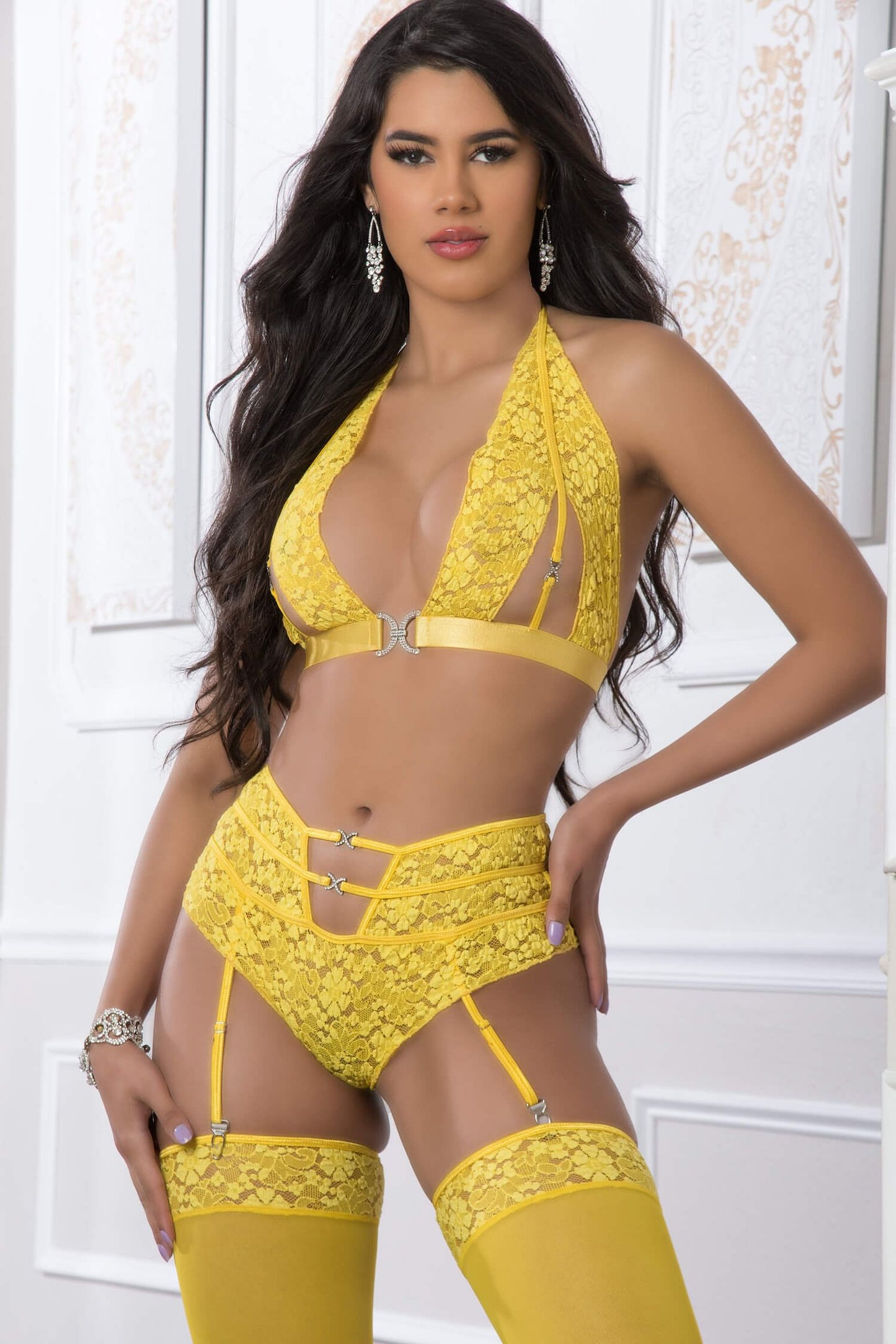 3pc High Waist Garter Laced Panty & Halter Top Set With Stockings